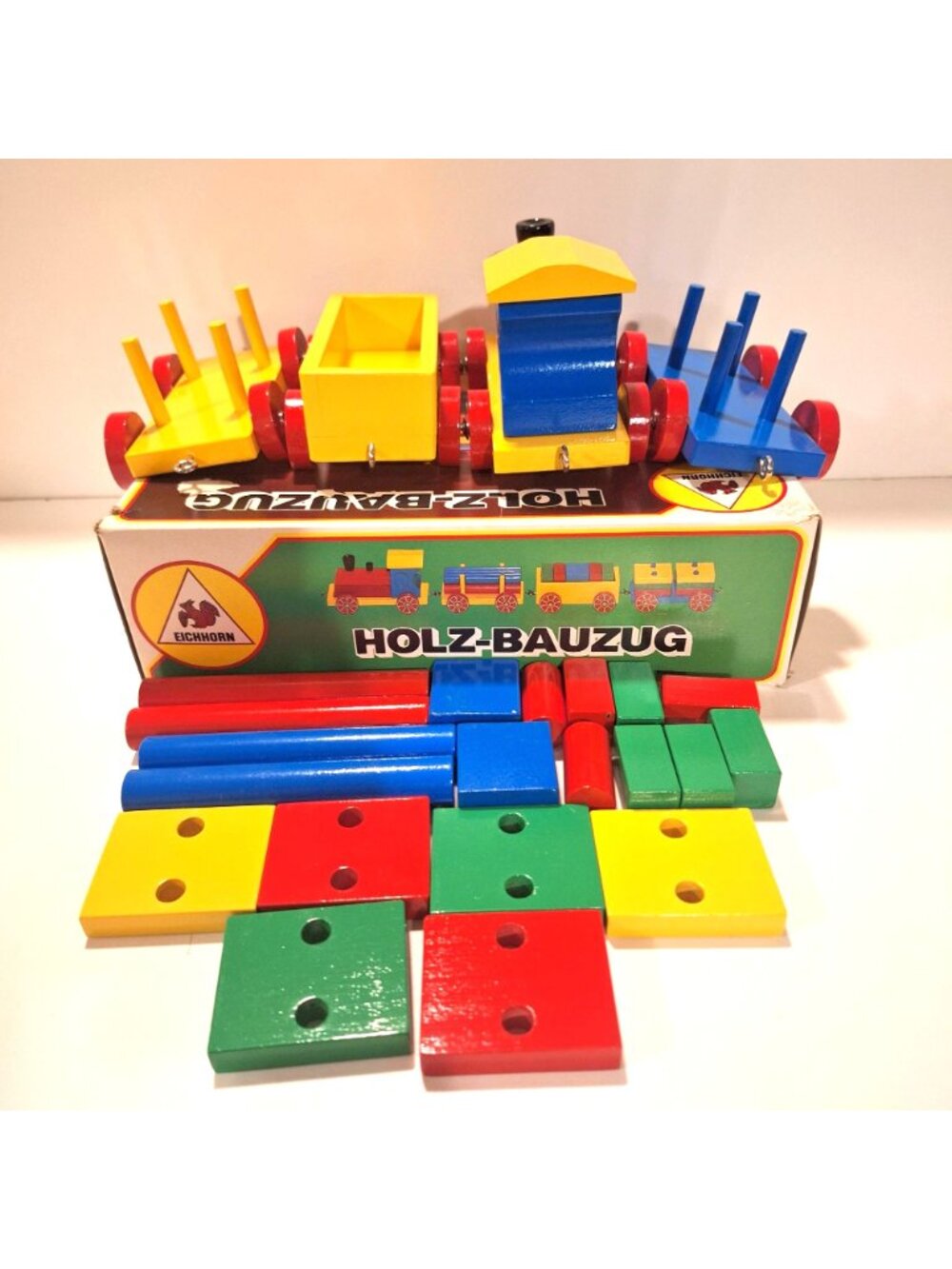 Eichhorn Holz-Bauzug Wooden Blocks Train Complete Set Original Box Vintage - Picture 2 of 12